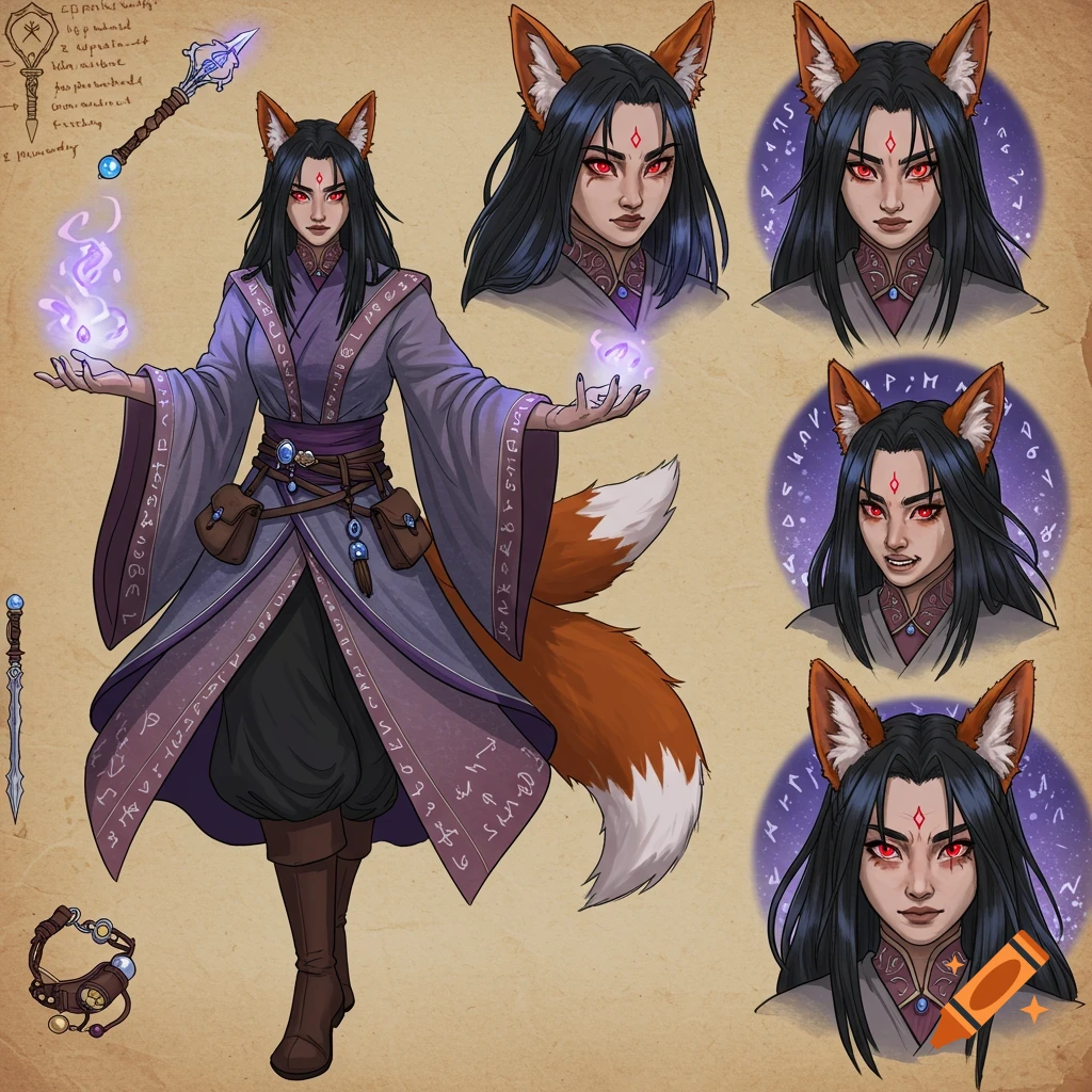 Character design sheet of an Asian female wizard with fox ears and tail, wearing a long purple and gray robe adorned with runes, holding glowing magic. Multiple headshots show different expressions. The style is detailed, like D&D concept art.