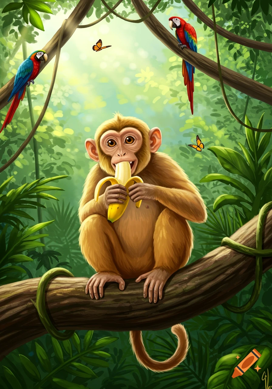 An illustrated monkey sits on a tree branch in a vibrant jungle, eating a banana. Two colorful parrots and butterflies are in the background.