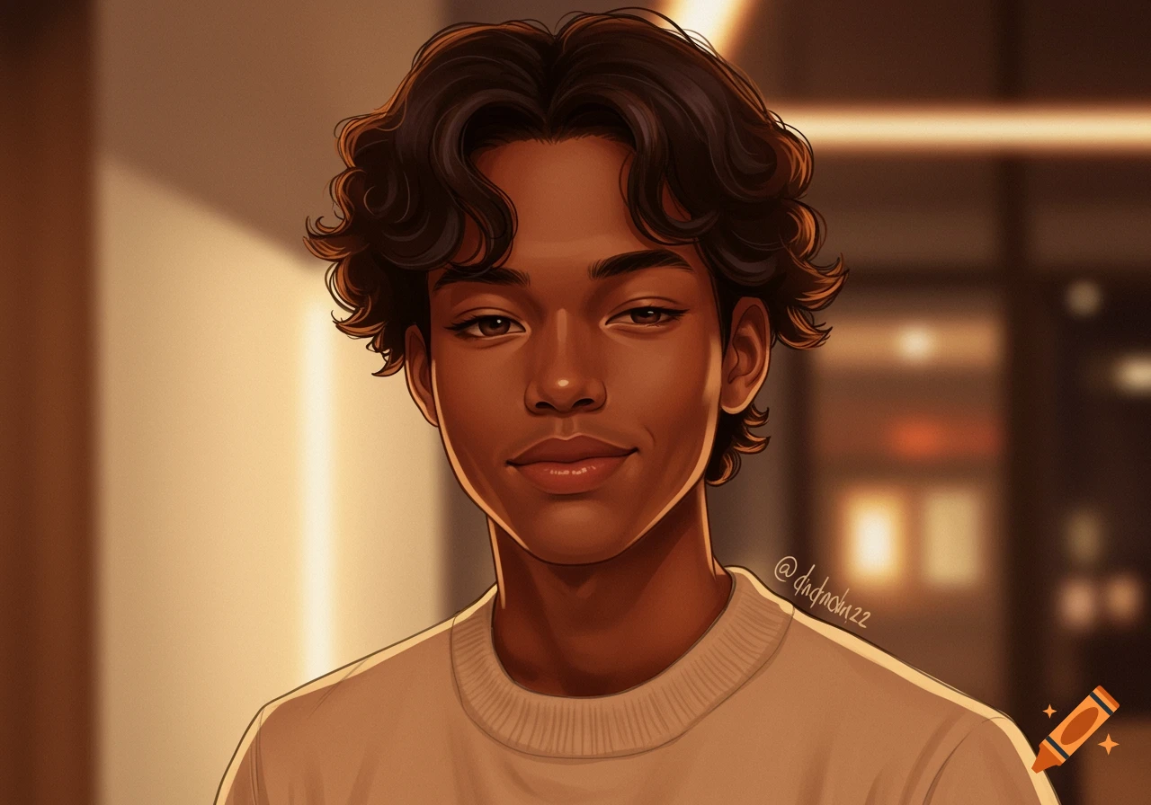 An illustrated portrait of a young man with dark, fluffy hair and caramel skin, smiling gently in warm lighting.