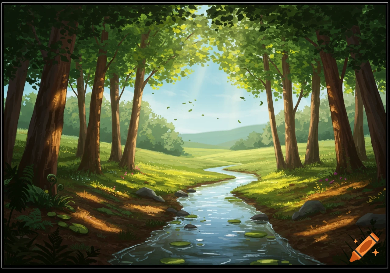 A vibrant illustration of a sunlit forest with a winding stream flowing through green meadows.