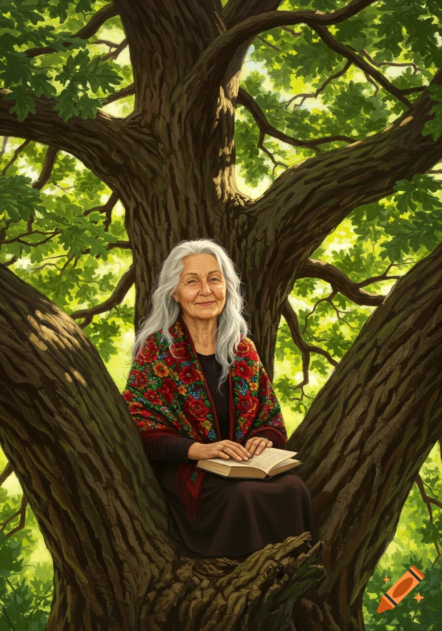 An old woman with long white hair and a colorful shawl sits in a large tree, reading a book.