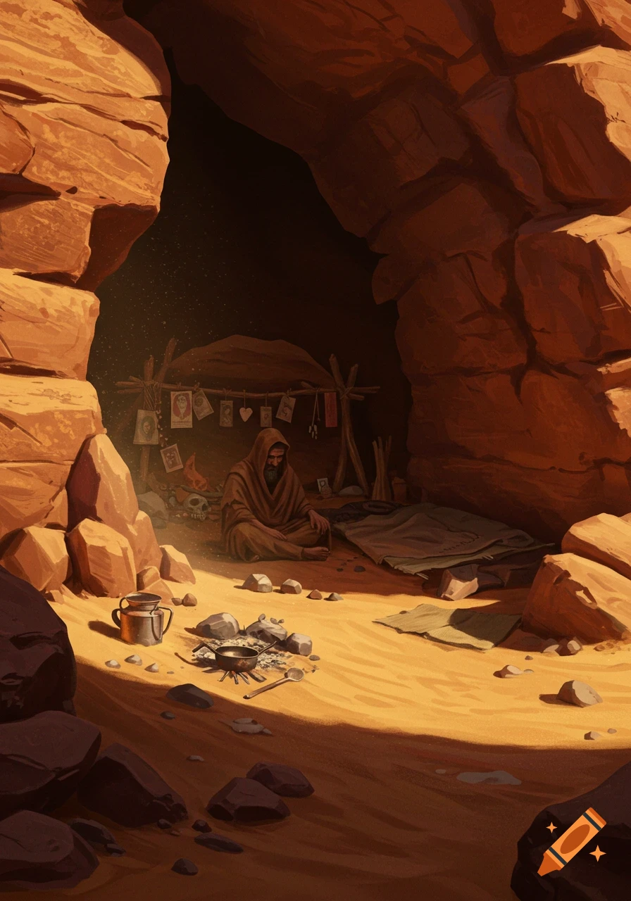 An illustrated depiction of a hooded hermit sitting inside a desert cave, surrounded by simple cooking gear, a makeshift bed, and a shrine with hanging pictures.