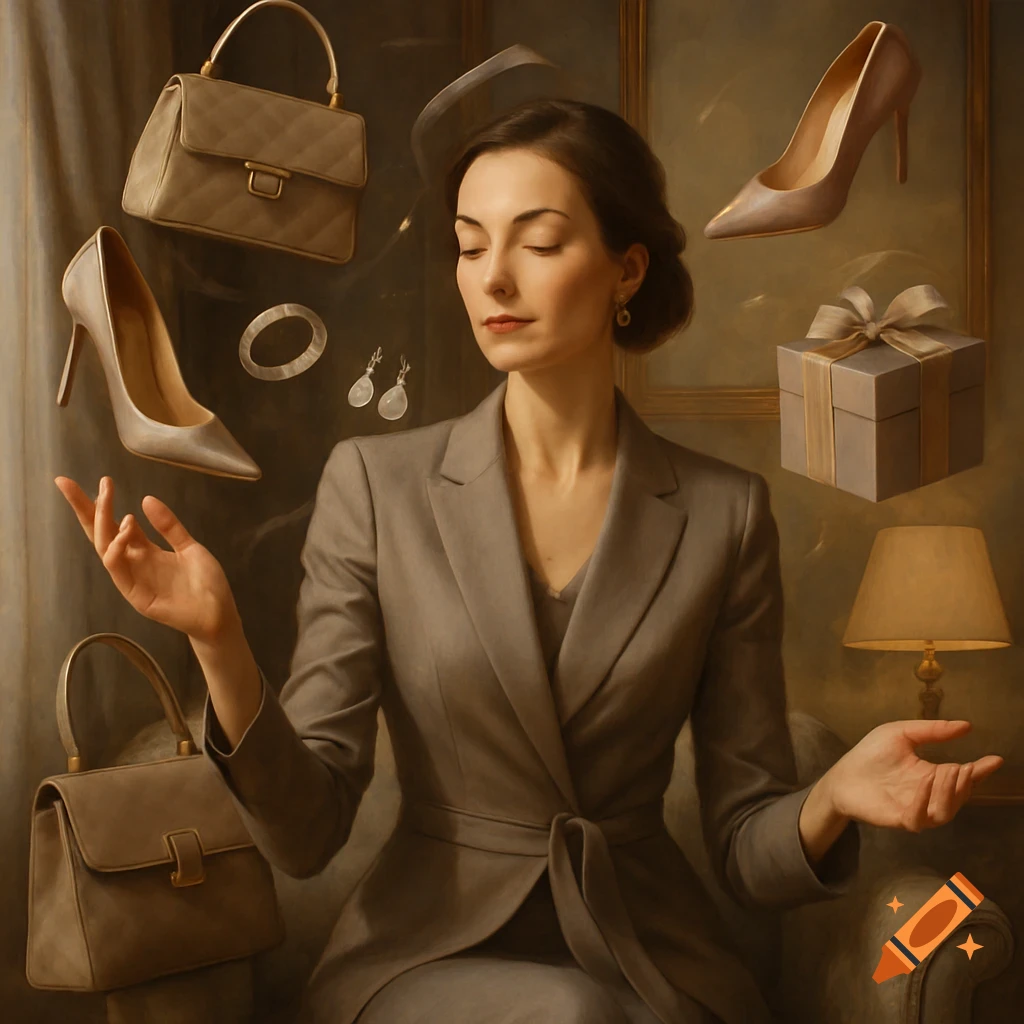 A woman in a gray suit with closed eyes is surrounded by floating fashion accessories and a gift box in a painterly style.