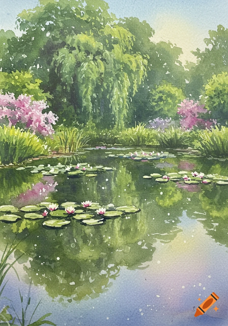Watercolor painting of a vibrant garden pond with green lily pads, pink water lilies, and lush surrounding trees, reflecting the sky.