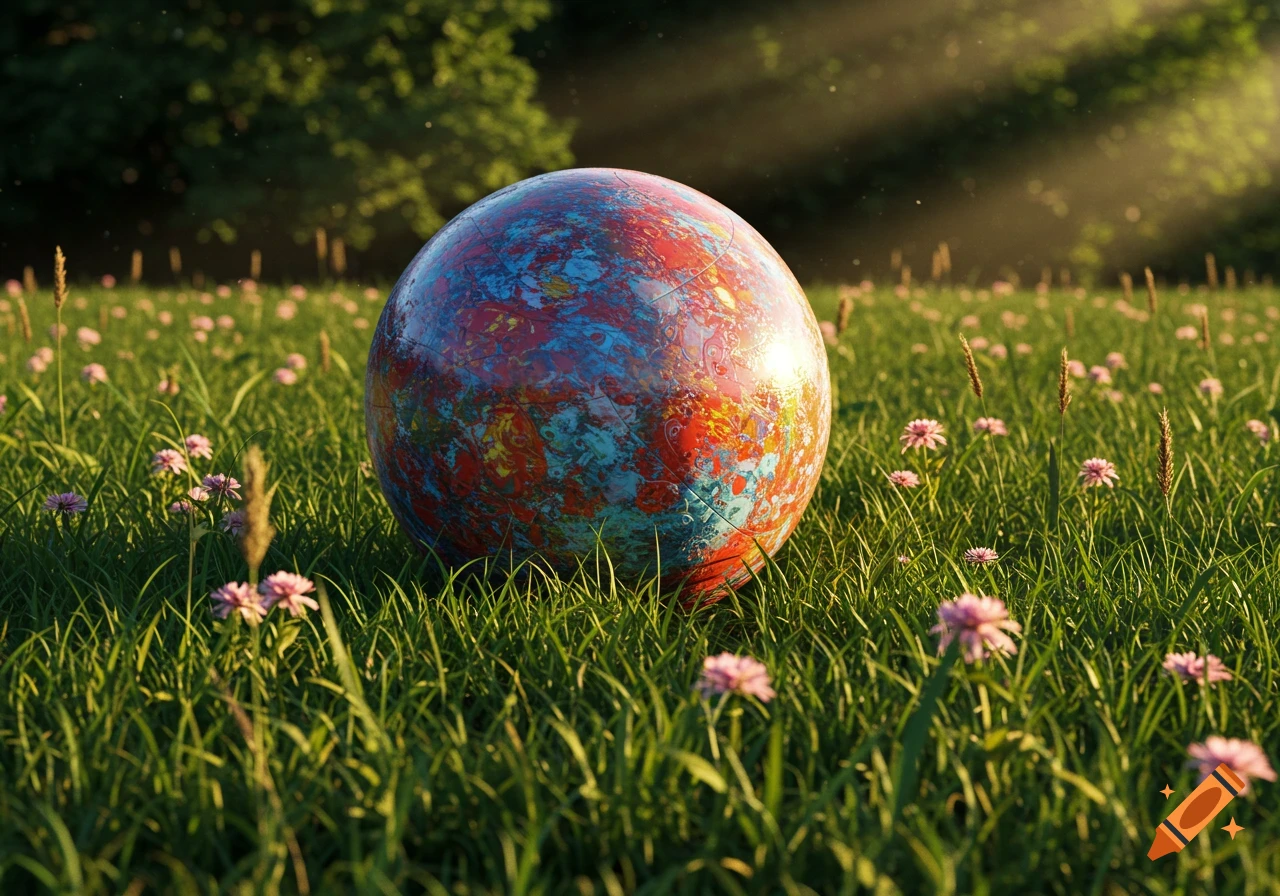 A colorful, textured sphere rests in a sunlit field of green grass and small pink flowers.