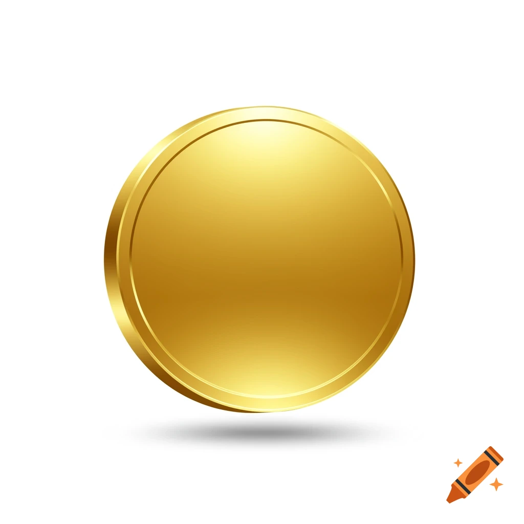 A blank, shiny gold coin or medal with a shadow underneath, isolated on a white background.