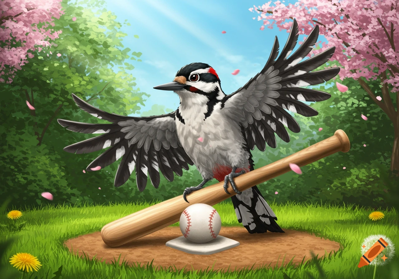 A vibrant digital illustration of a hairy woodpecker standing on a baseball bat with a baseball on a green field.