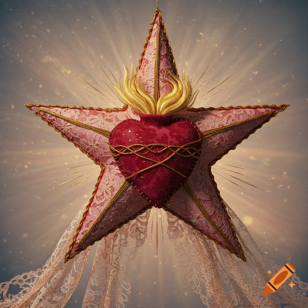 A pink lace fabric star adorned with a red velvet sacred heart, golden threads, and golden flames, glowing against a starry background.