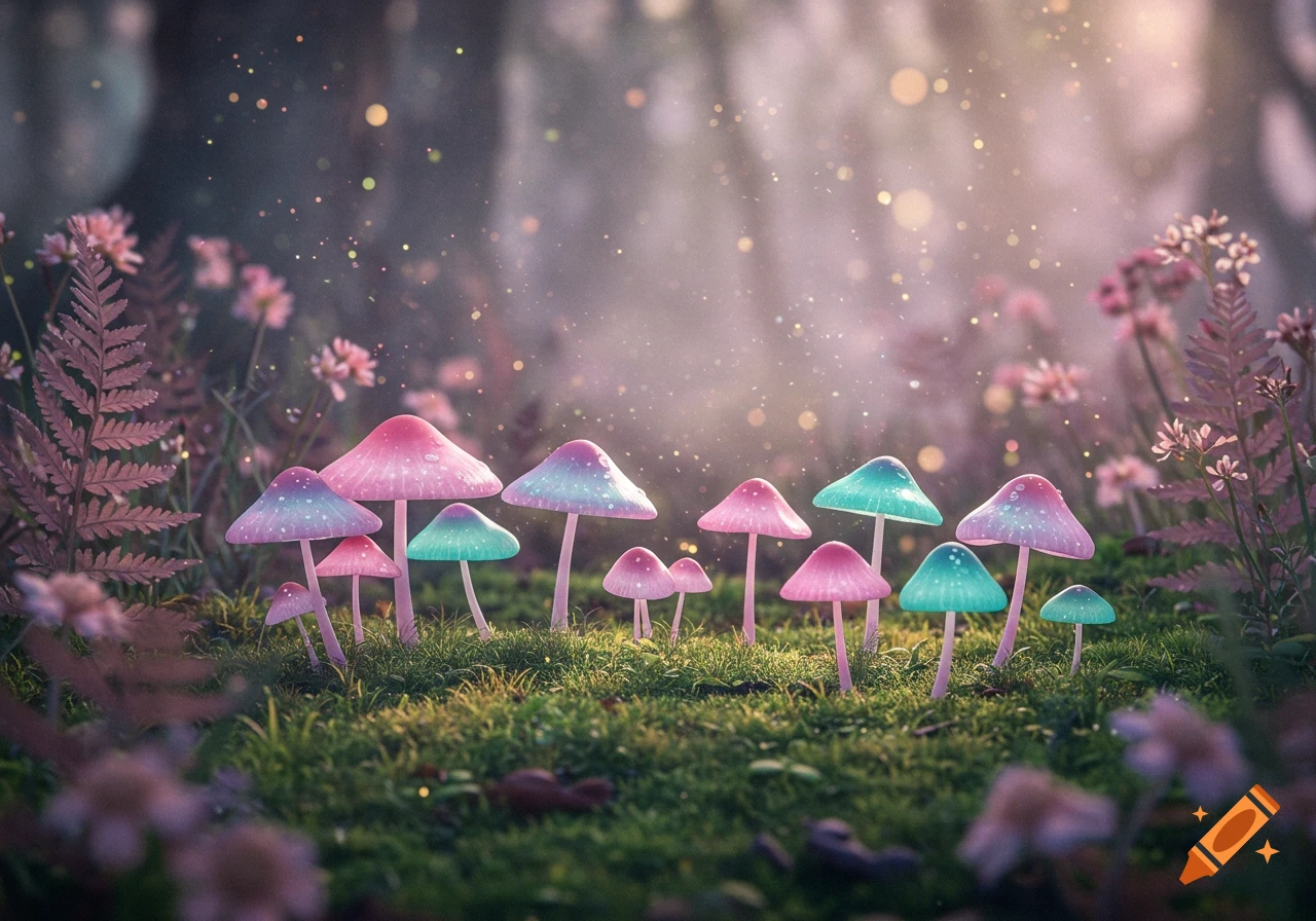 A group of colorful, glowing fairy mushrooms with pink and blue caps stand in a mossy forest floor, surrounded by sparkling light.