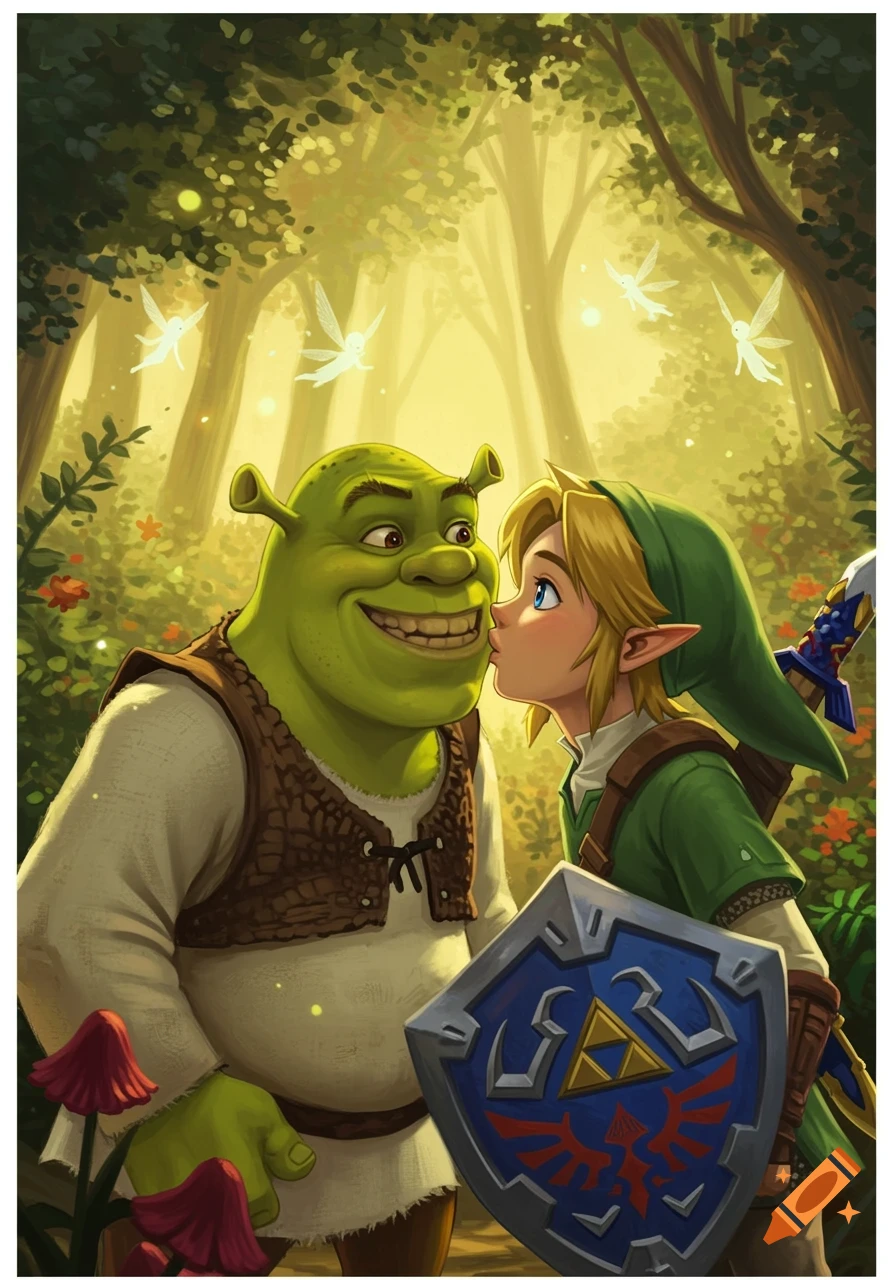 Link kissing Shrek on the cheek in a sunlit magical forest with glowing fairies, digital illustration.