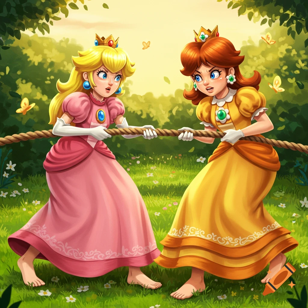 Princess Peach and Princess Daisy play tug-of-war barefoot in a grassy field, with strained expressions, in a cartoon style.
