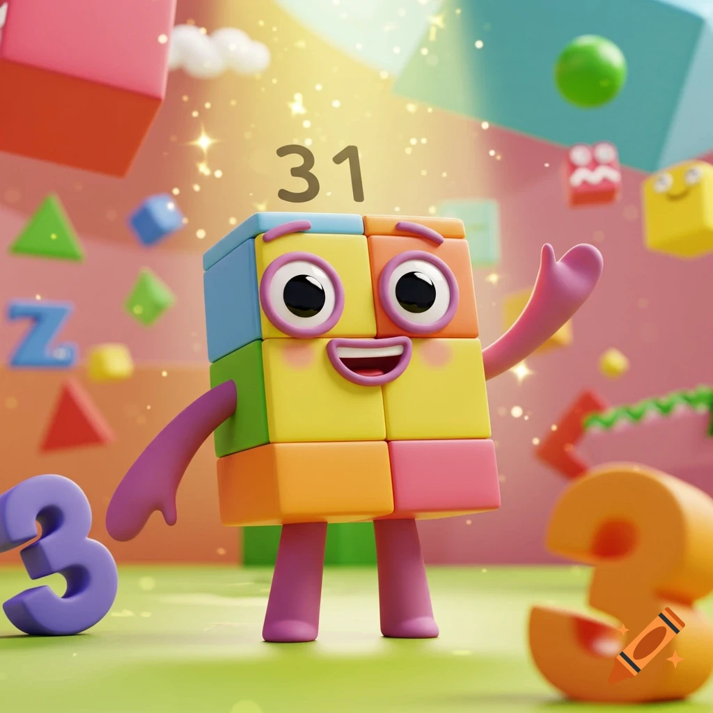 A smiling, block-like cartoon character, similar to Numberblocks, made of colorful squares, waves in a bright, playful scene with numbers 31 and 3.