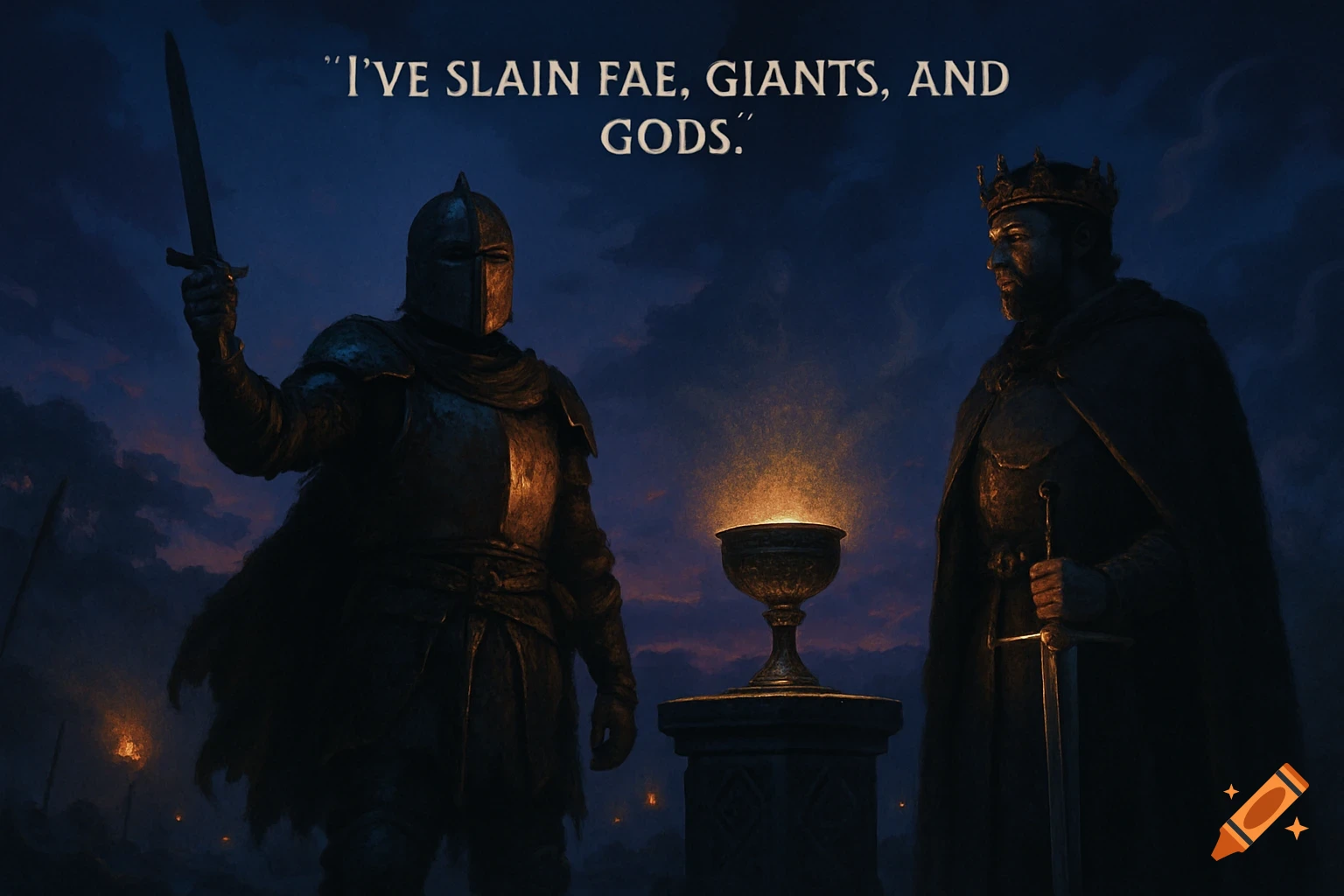 Two armored figures, one with a sword and the other crowned, stand in a dark, cloudy fantasy landscape with a glowing chalice and text above.