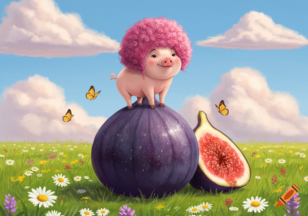 A whimsical pig with a pink afro wig stands on a giant purple fig in a grassy field with flowers and butterflies.