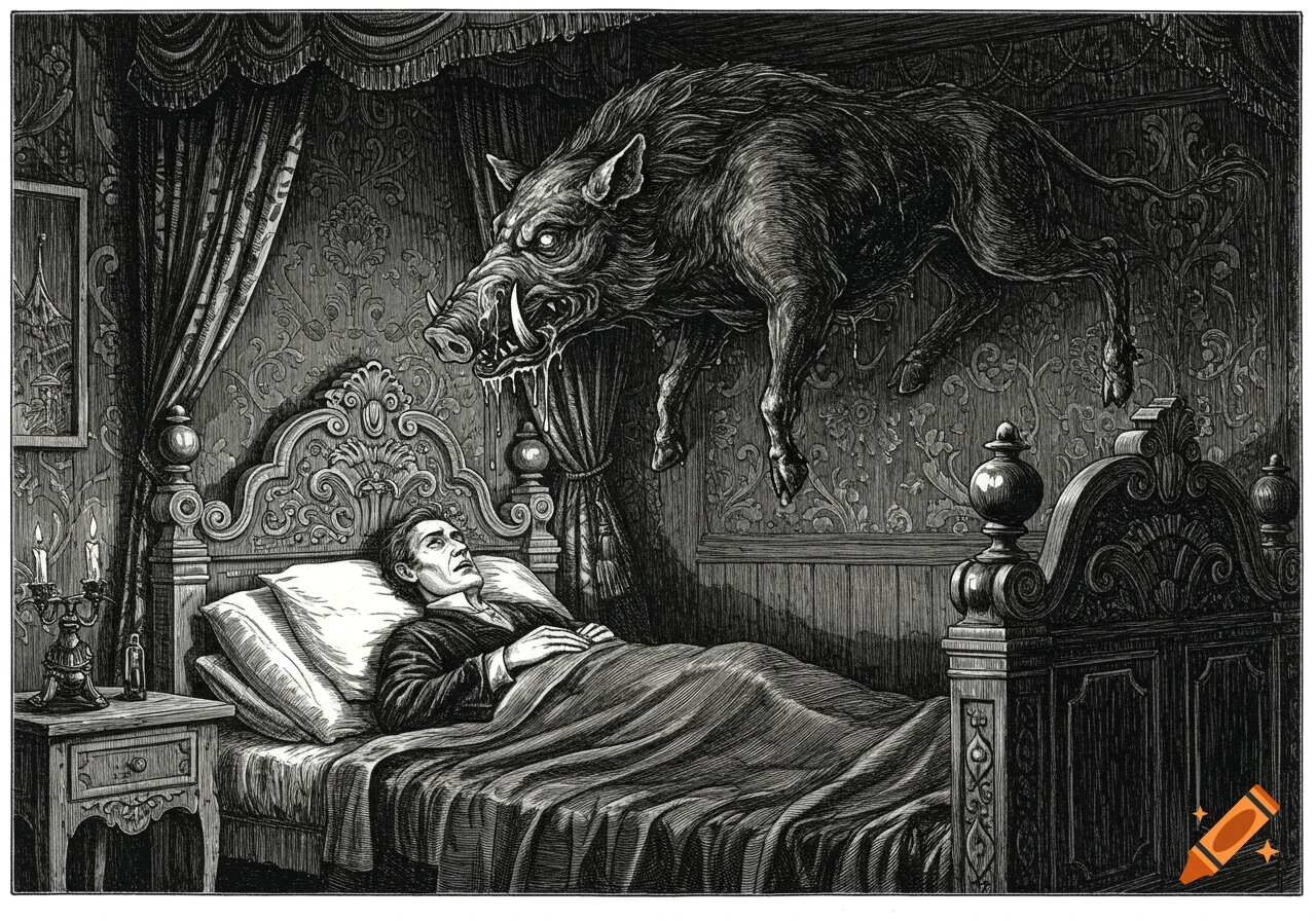 A black and white etching shows a man in a Victorian bed looking up in terror at a monstrous, drooling boar-like creature floating above him.