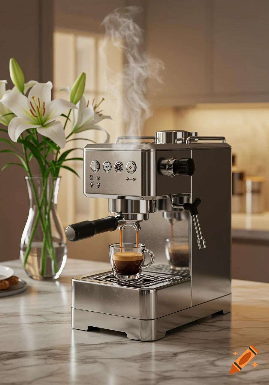 Photorealistic stainless steel espresso machine pouring coffee into a clear cup on a marble counter, with white lilies and steam.