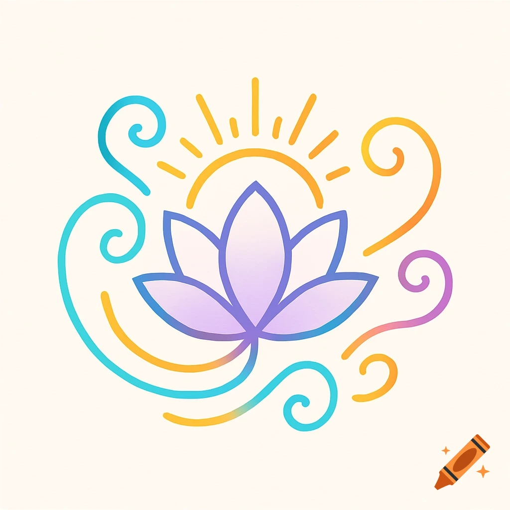 A stylized logo featuring a purple lotus flower, a yellow rising sun, and flowing colorful gradient lines.