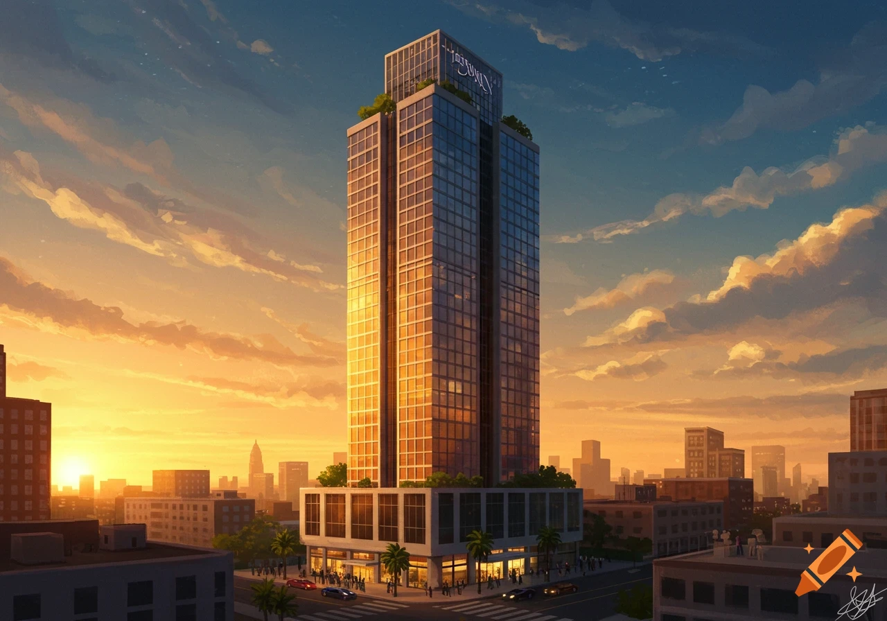 A tall, modern skyscraper bathed in the golden light of sunset, overlooking a bustling city street.