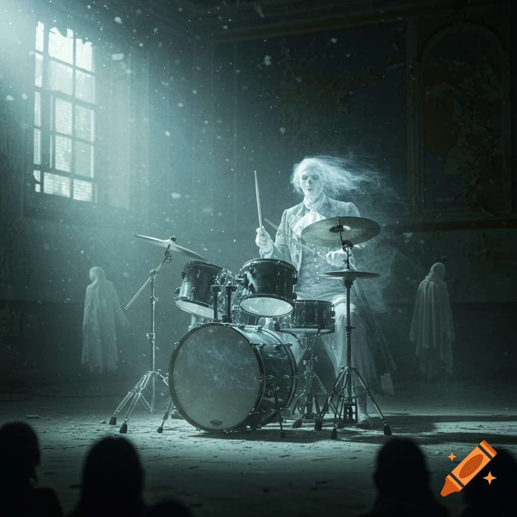 A translucent ghost playing a drum set on a stage in a dark, dilapidated room, with other ghostly figures in the background and light streaming through a window.
