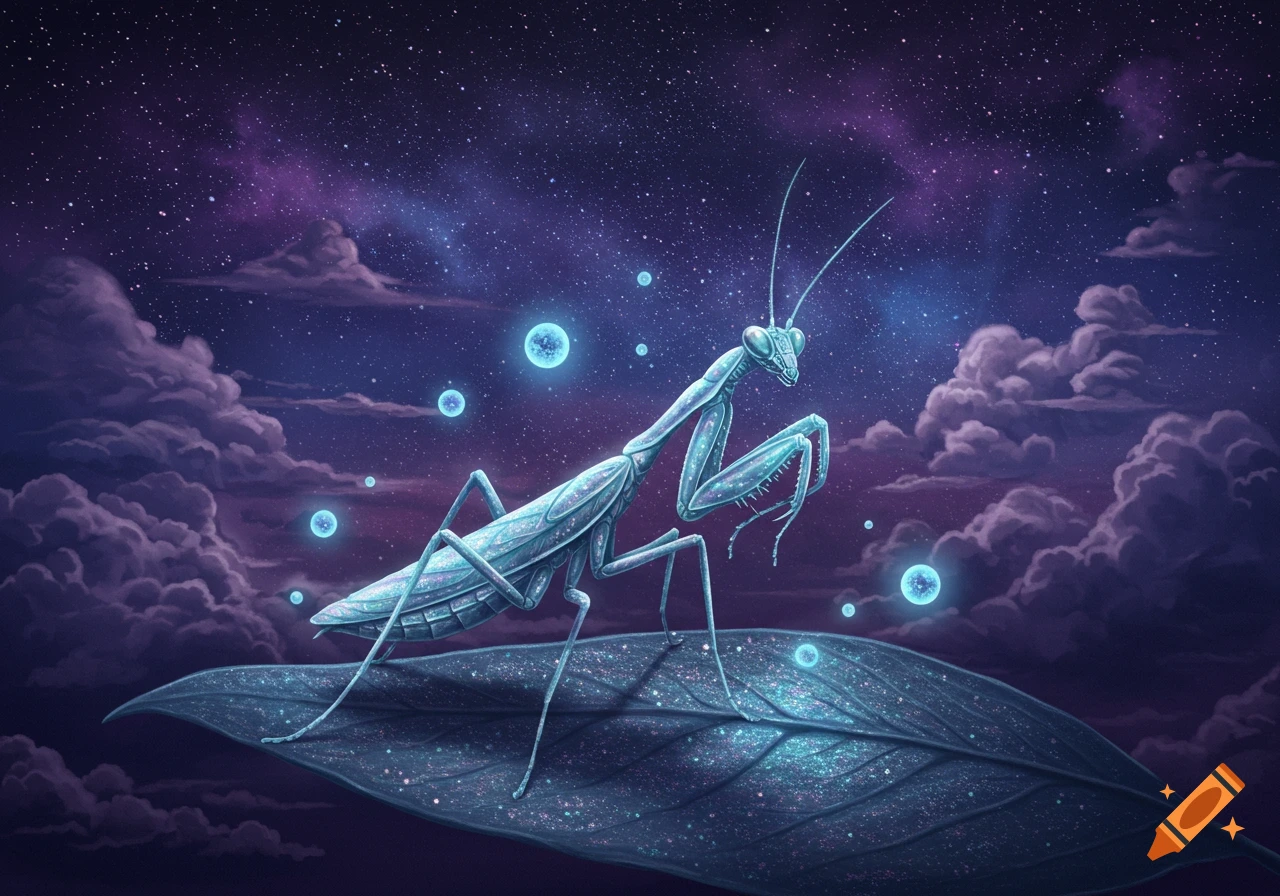 A glowing blue praying mantis with glittering spots stands on a large leaf, beneath a purple and blue starry night sky with cosmic clouds and floating light orbs.