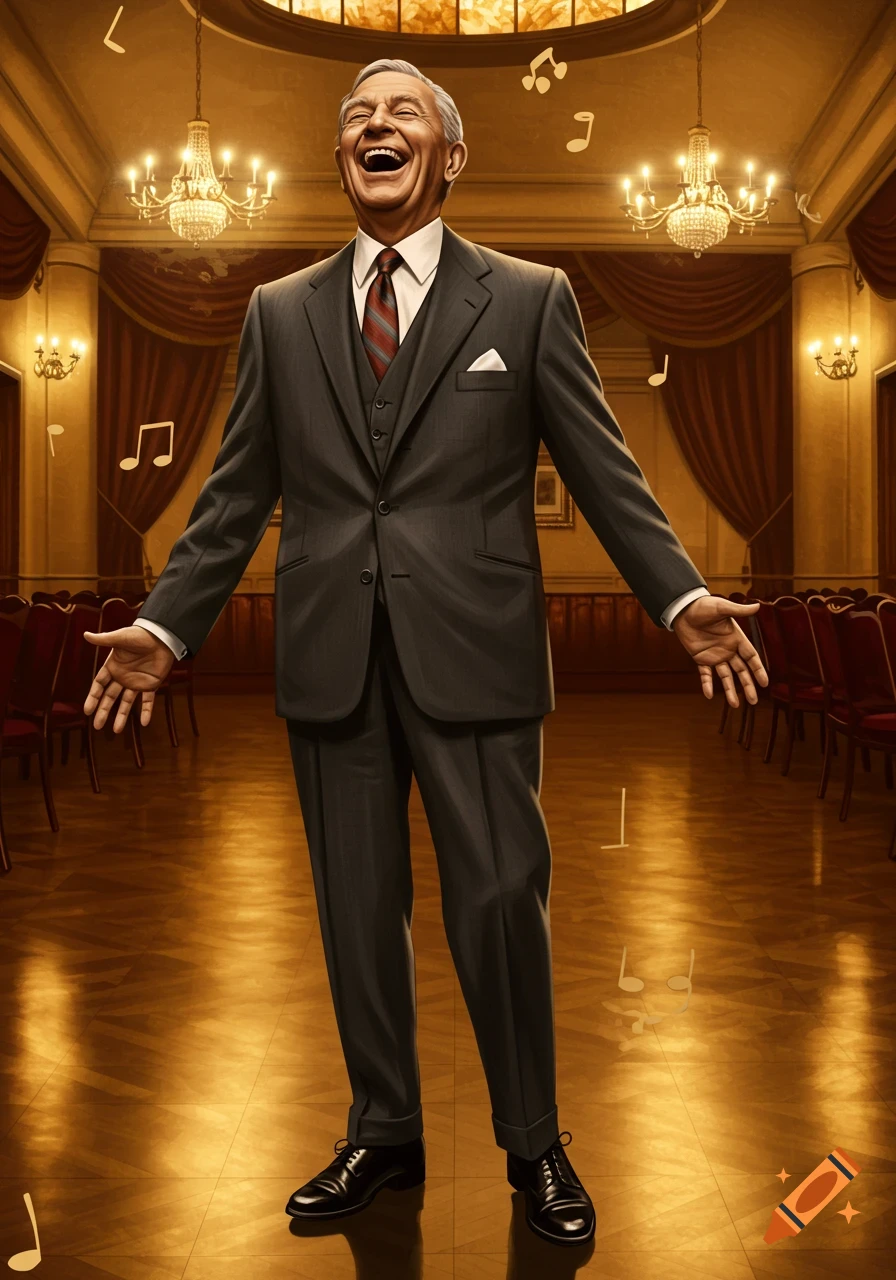 A senior man in a suit laughs heartily on a stage with musical notes, elegant chandeliers, and red chairs in a formal hall.