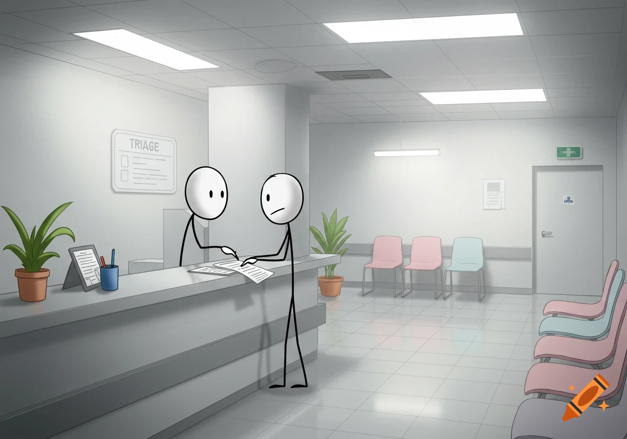 Two stick figures are at a hospital triage desk in a cartoon style.