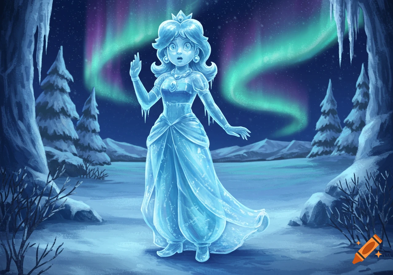 Princess Daisy as a surprised ice statue in a snowy landscape with a vibrant aurora borealis in the night sky. Illustration.