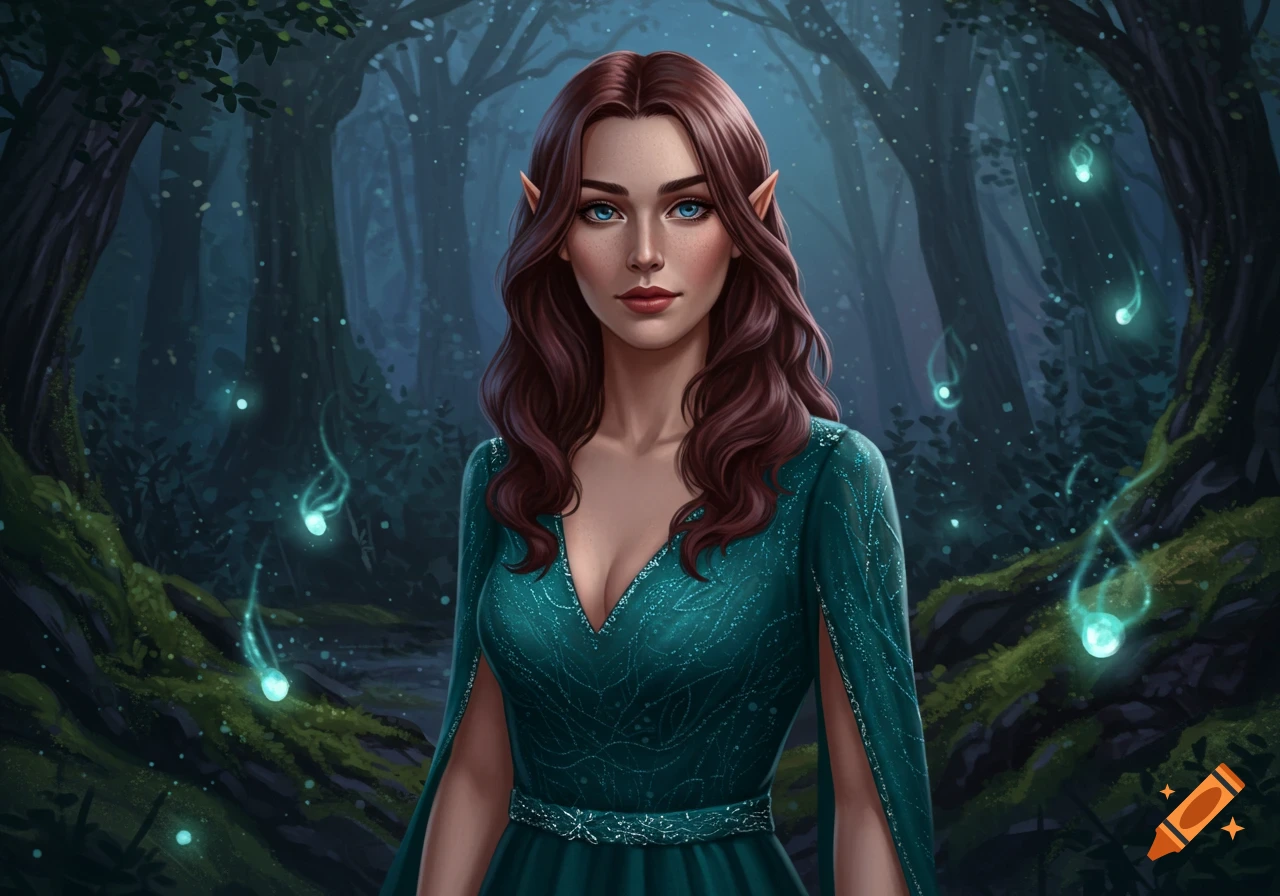 A digital painting of a beautiful elf-like woman with long brown hair, blue eyes, and a teal dress standing in a dark forest with glowing blue orbs.