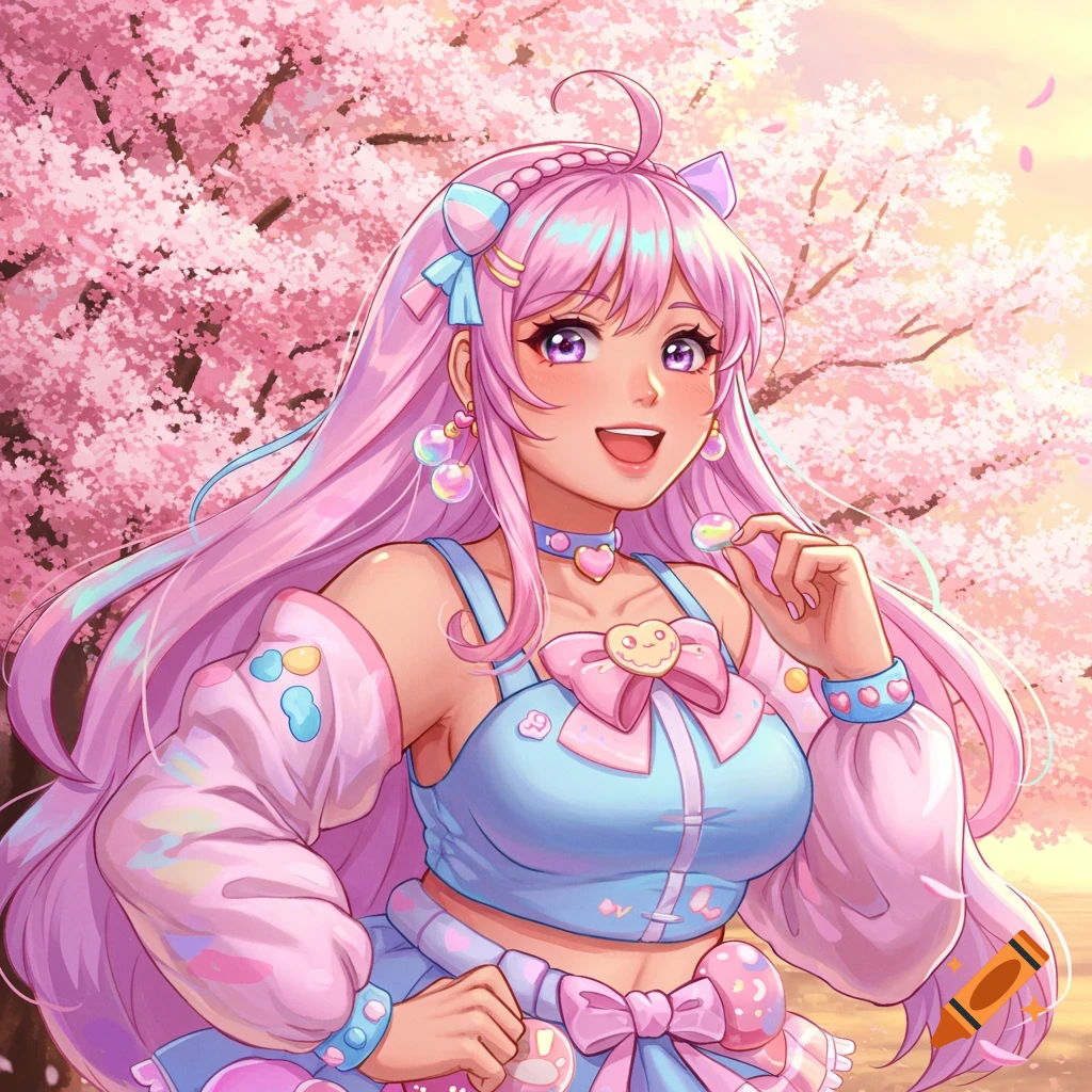 An anime girl with long pink hair and purple eyes smiles in front of blooming cherry blossom trees. She wears a pastel blue top and pink jacket.