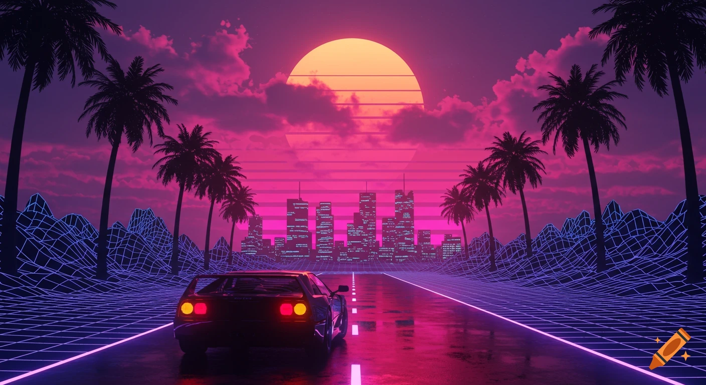 A retro-futuristic synthwave scene with a sports car on a wet road, framed by palm trees against a pink and purple sunset and city skyline.