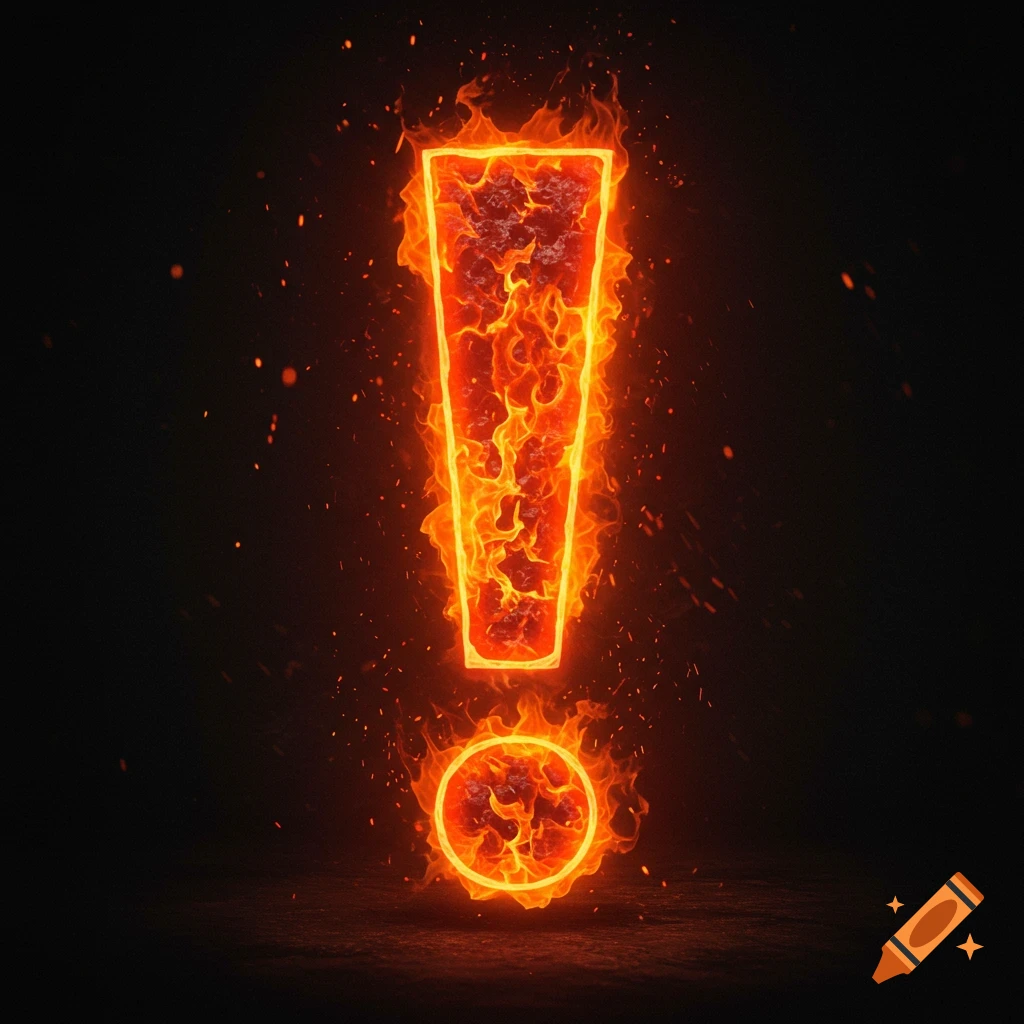 A vibrant exclamation mark engulfed in orange and red flames, set against a dark, smoky background with embers.