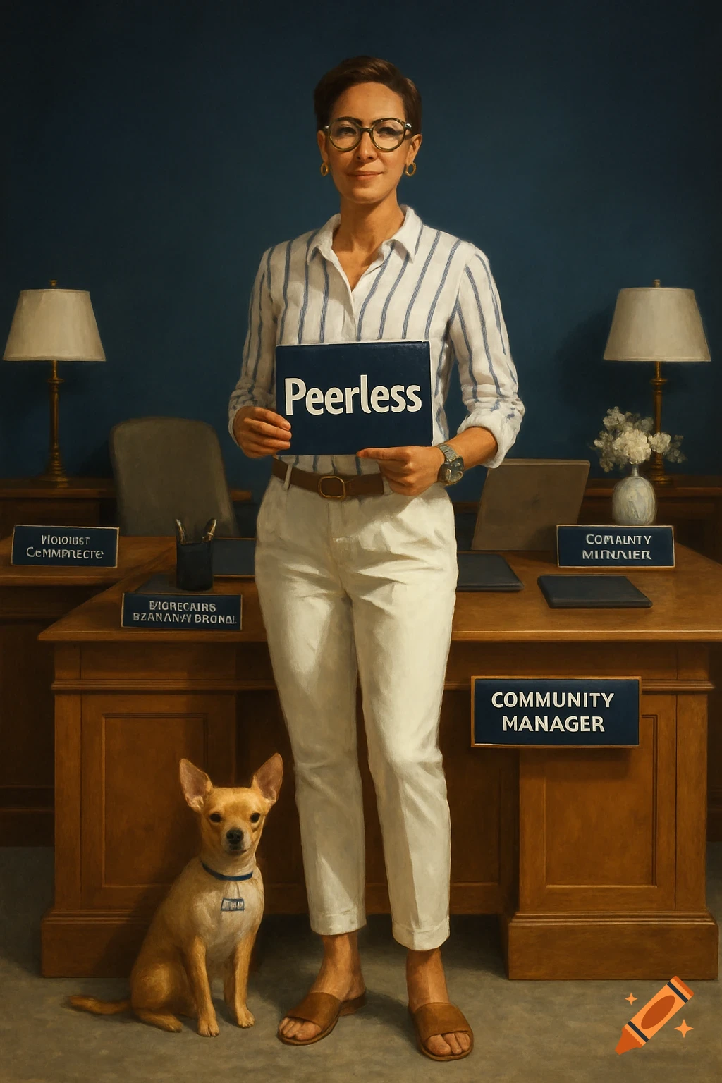 A woman stands in an office in front of a desk, holding a sign that says "Peerless". A chihuahua sits at her feet.