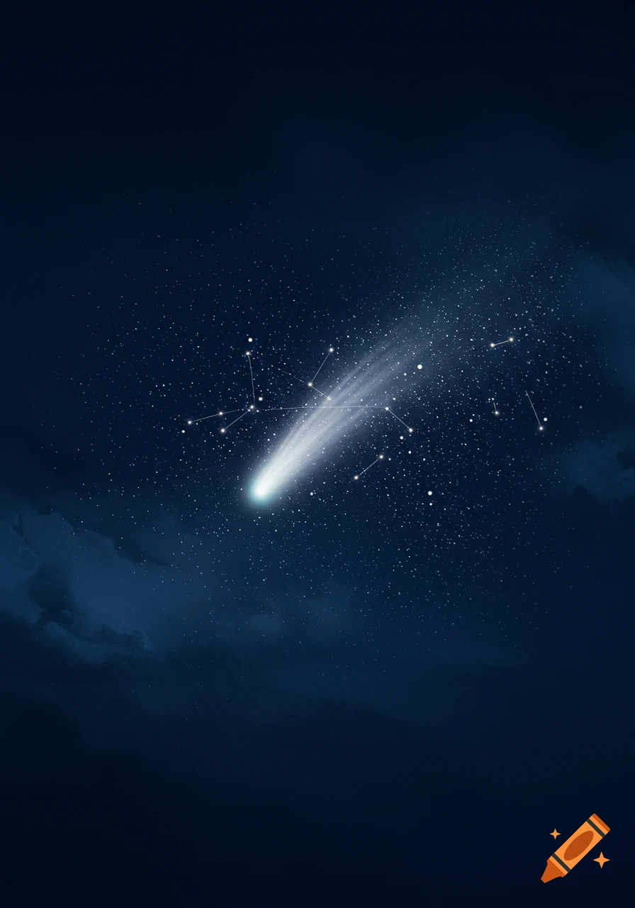 A bright white comet streaks across a dark navy blue sky filled with tiny stars and faint constellations.