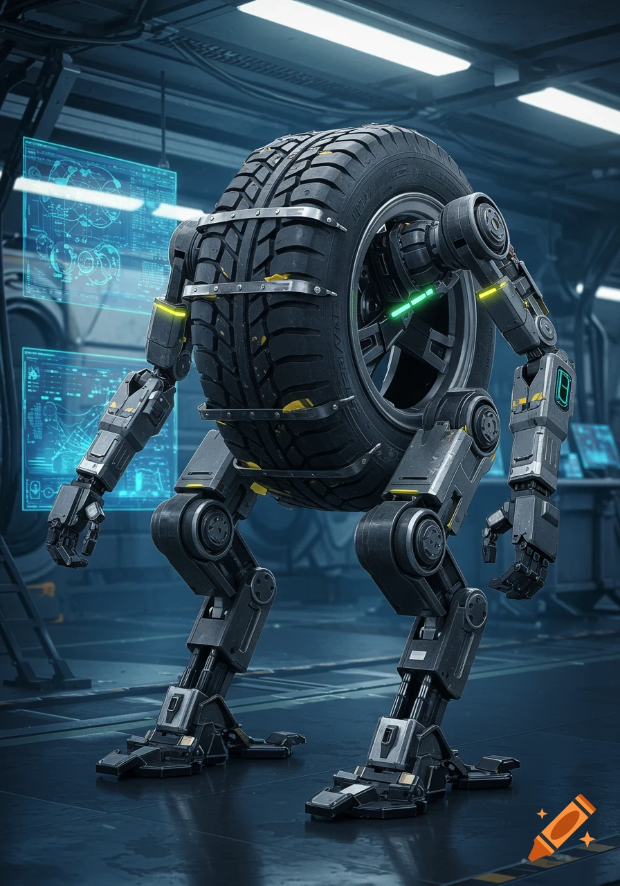 A futuristic robot with a large tire as its body and mechanical arms and legs stands in a high-tech workshop.