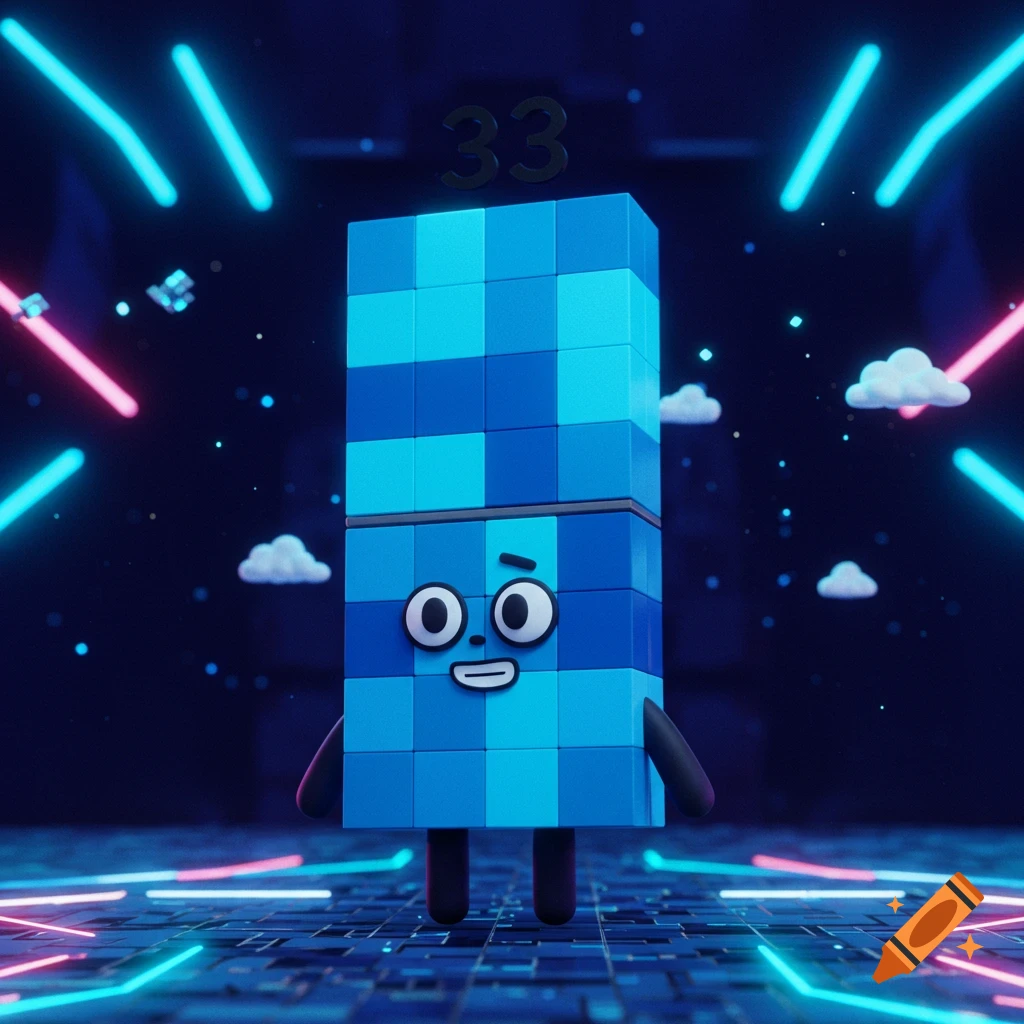 A blue checkerboard block character with eyes and a mouth, standing on a glowing circuit board with number 33 above it, in a dark, neon-lit room.