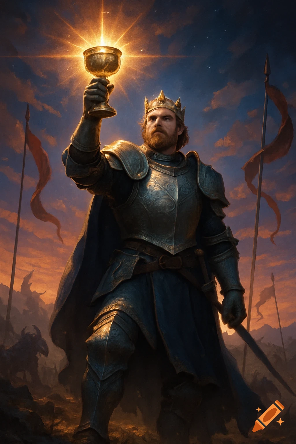 A majestic king in armor holds a glowing golden chalice aloft on a battlefield at dusk.
