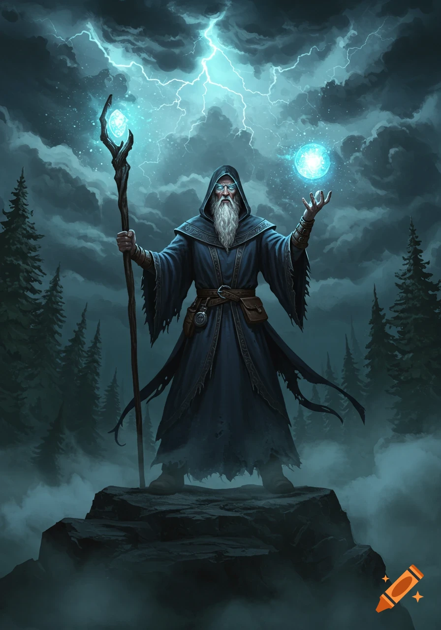 A wizard in dark robes stands on a rock, holding a glowing staff and conjuring a light orb under a stormy, lightning-filled sky.