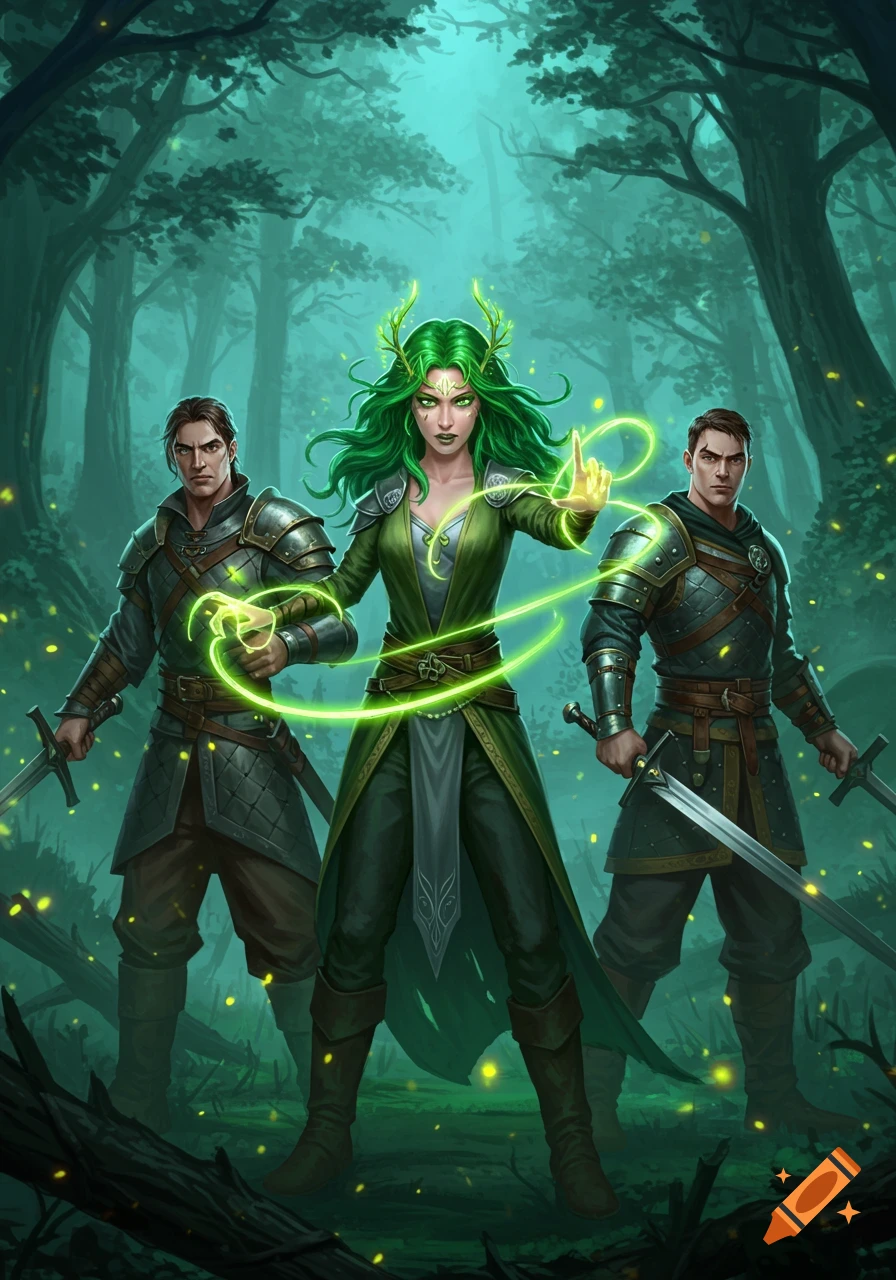 Three fantasy warriors in a mystical forest, a green-haired woman with glowing magic between two armored men with swords.