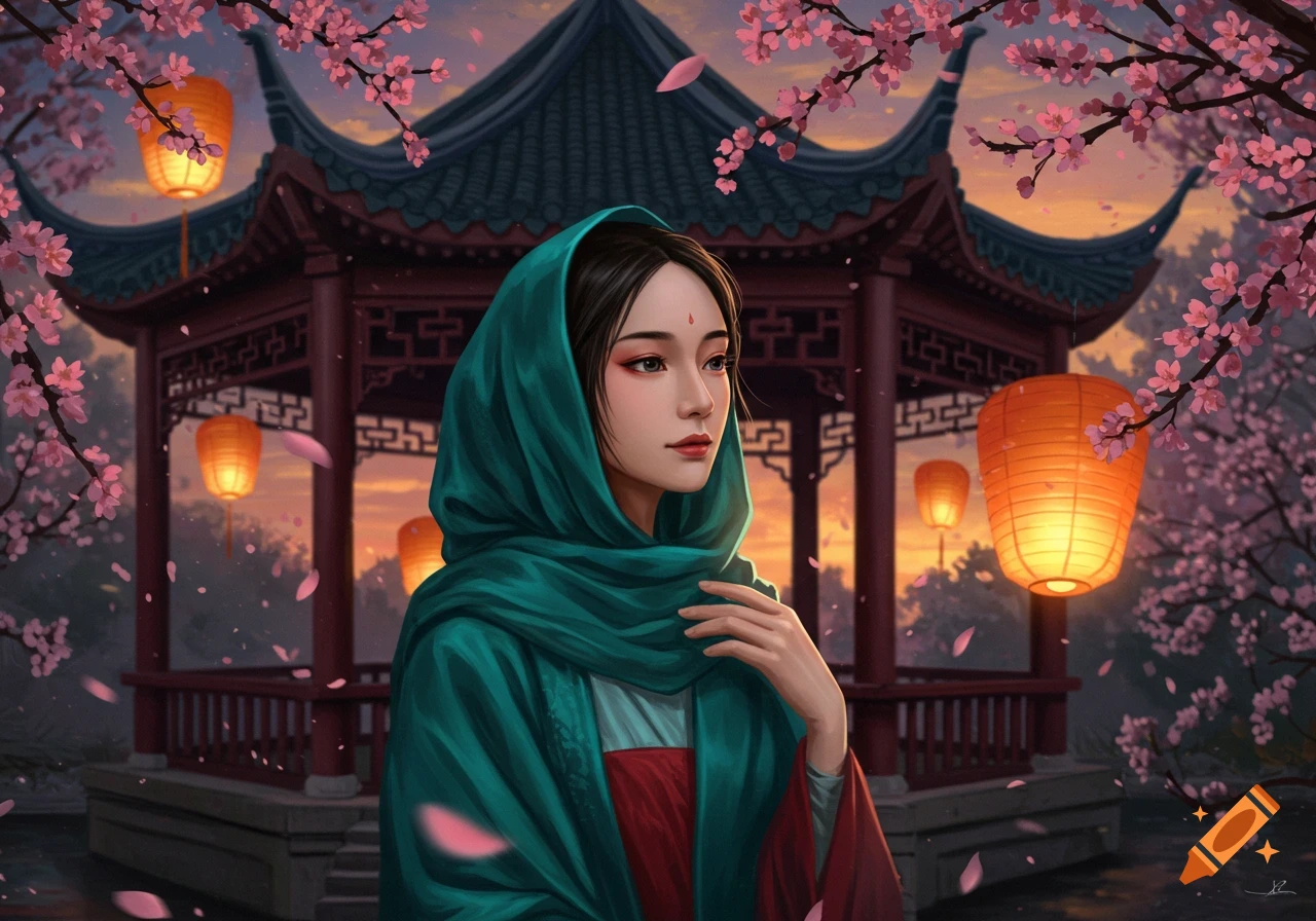 A woman in a teal headscarf stands before a traditional Chinese pavilion with cherry blossoms and lanterns at sunset, digital art.