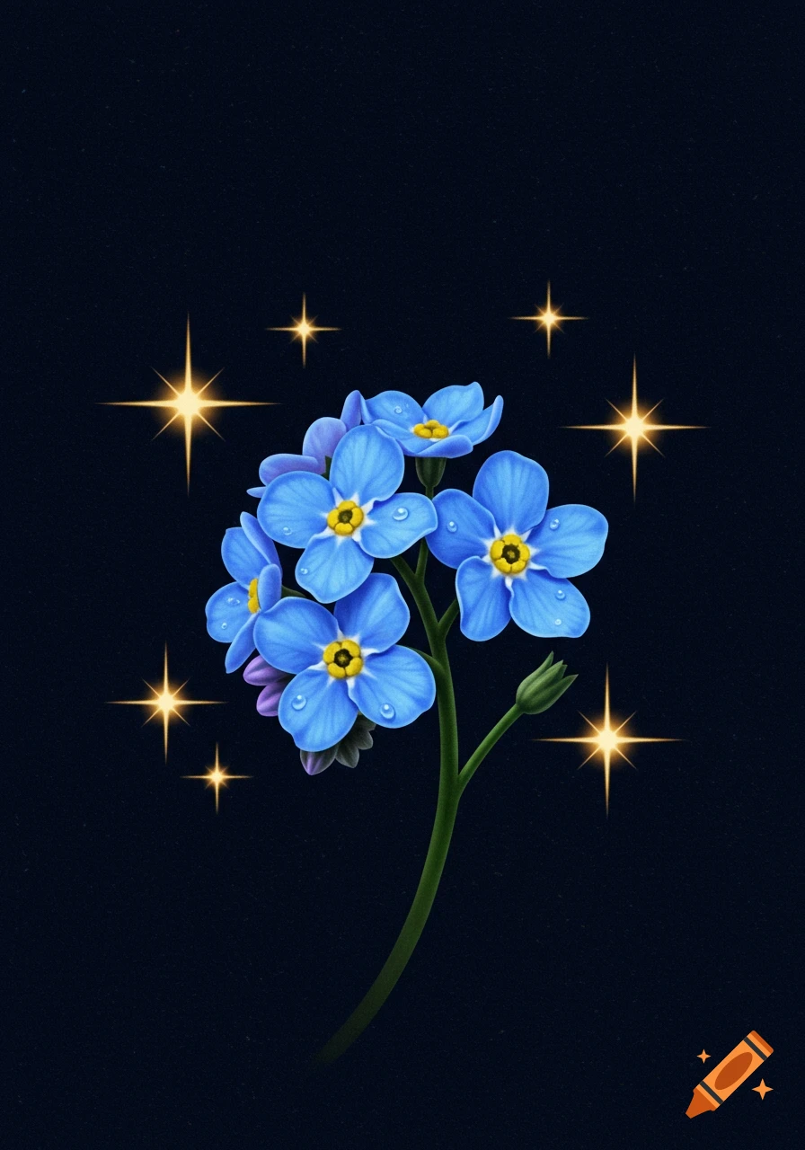 Blue forget-me-not flowers with water droplets on a dark background, surrounded by glowing golden stars.