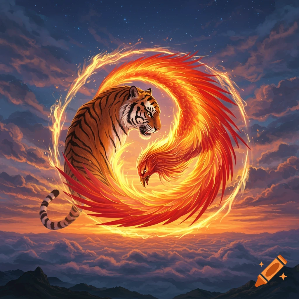 A majestic tiger and a fiery phoenix form a yin-yang symbol in a celestial sky with a sunset glow.