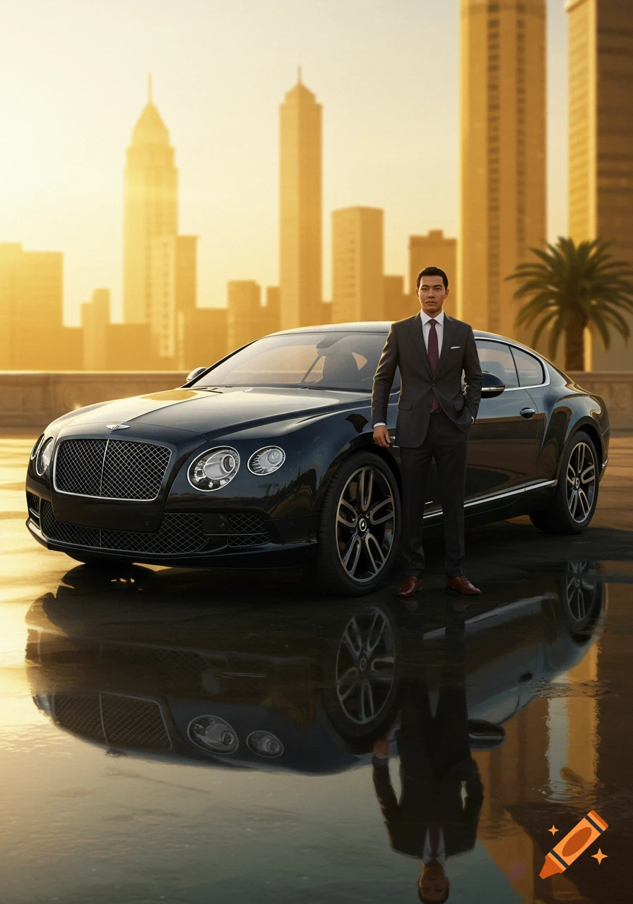 A man in a suit stands next to a black luxury car on a wet surface with a city skyline at golden hour.