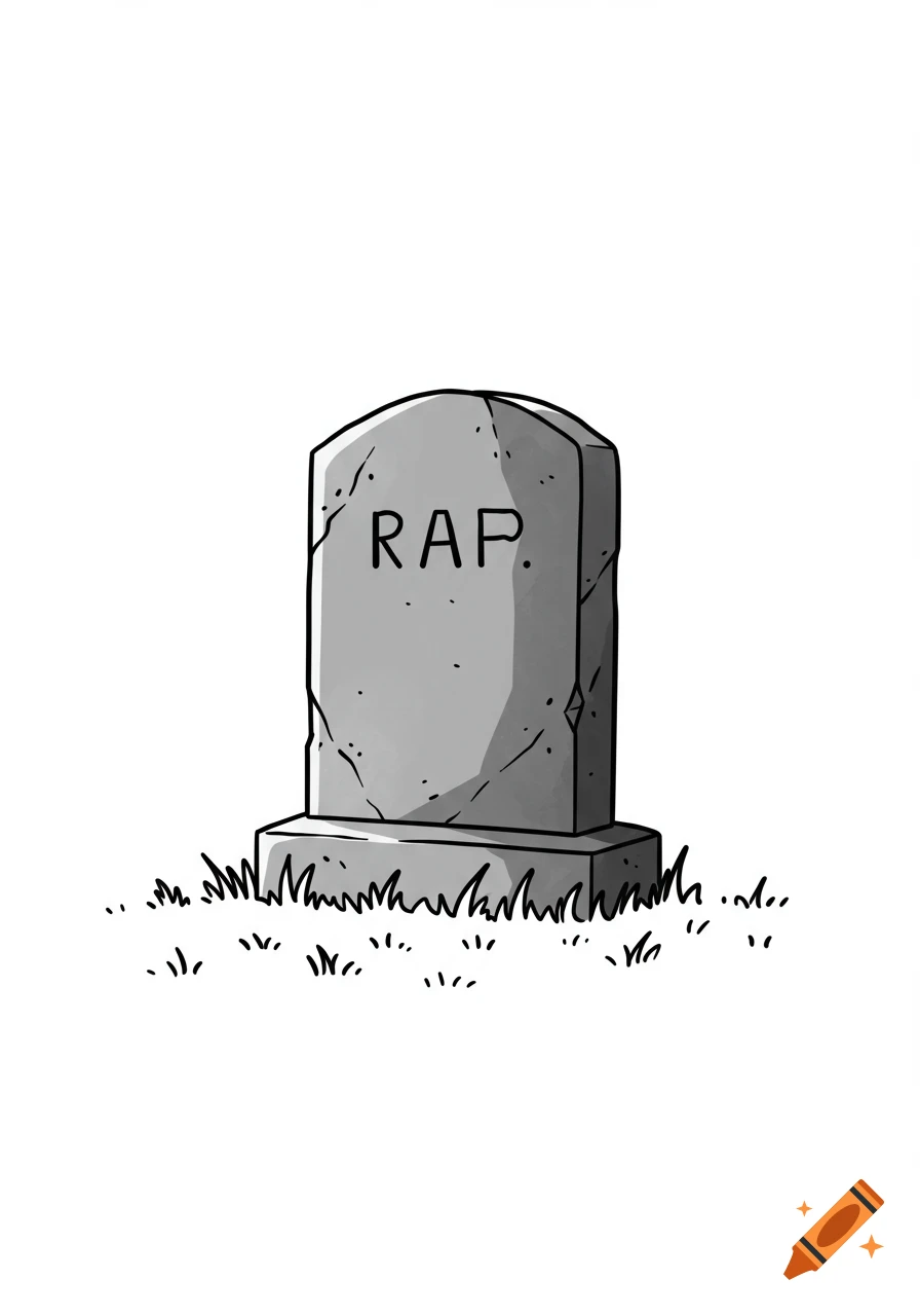A simple black-and-white cartoon gravestone with 'RAP.' carved on it, surrounded by grass.