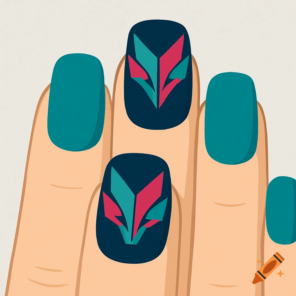 Illustration of a hand with nails painted teal, two featuring a geometric fox head logo in teal and pink.