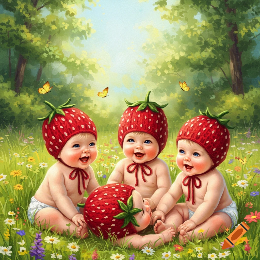 Four happy babies wearing strawberry hats sit and lie in a field of wildflowers with butterflies, in a vibrant illustration style.