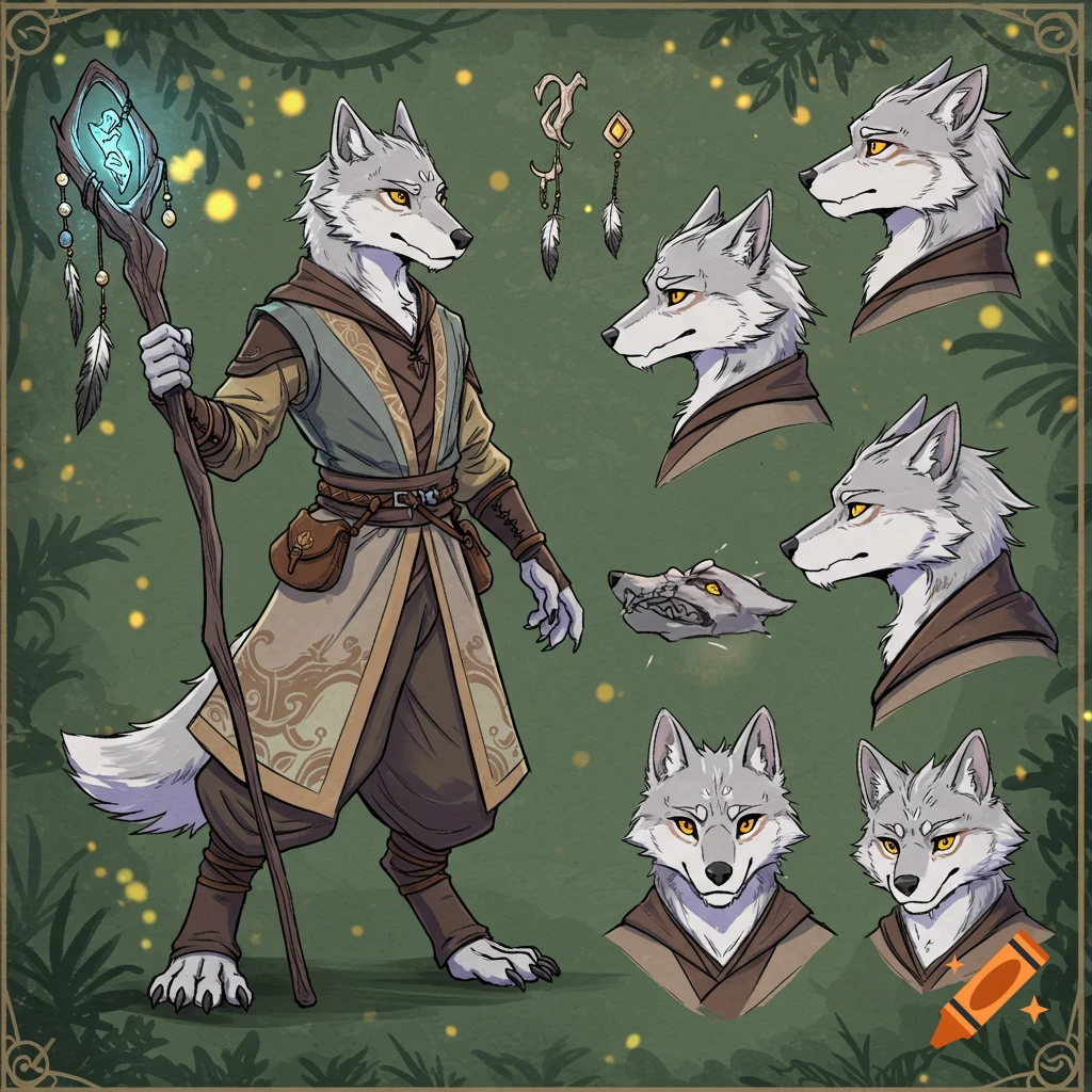 Character design sheet of a gray wolf-like fantasy creature with amber eyes, wearing a robe and holding a glowing staff, with multiple head studies.