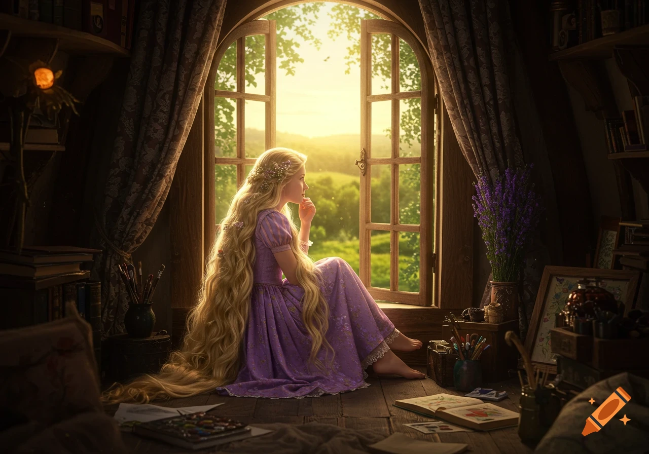 A girl with long blonde hair in a purple dress sits on a wooden floor, looking out an arched window at a sunny green landscape.