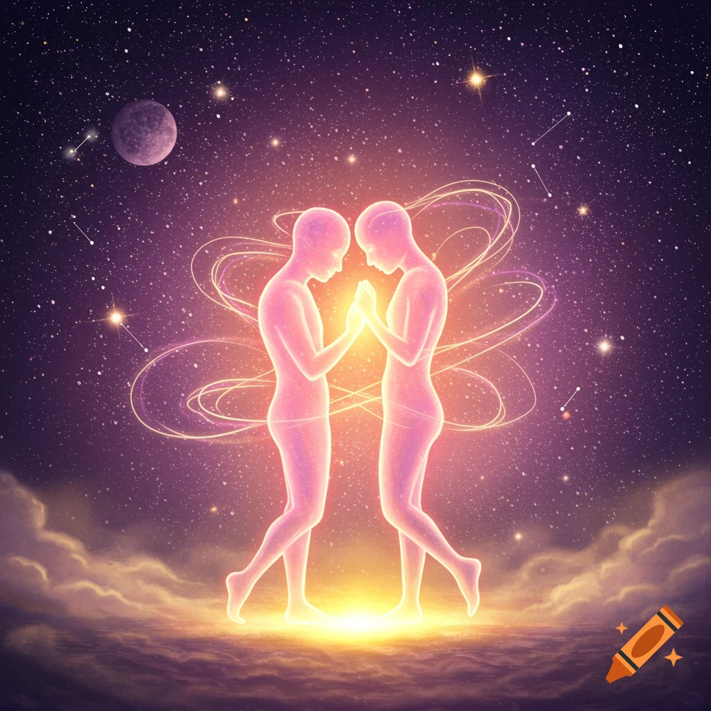Two glowing, ethereal figures stand facing each other, hands touching, amidst a starry cosmic background with a planet and luminous clouds.