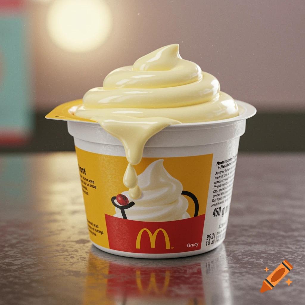 A photorealistic close-up of a McDonald's sauce tub overflowing with yellow custard, sitting on a textured surface.