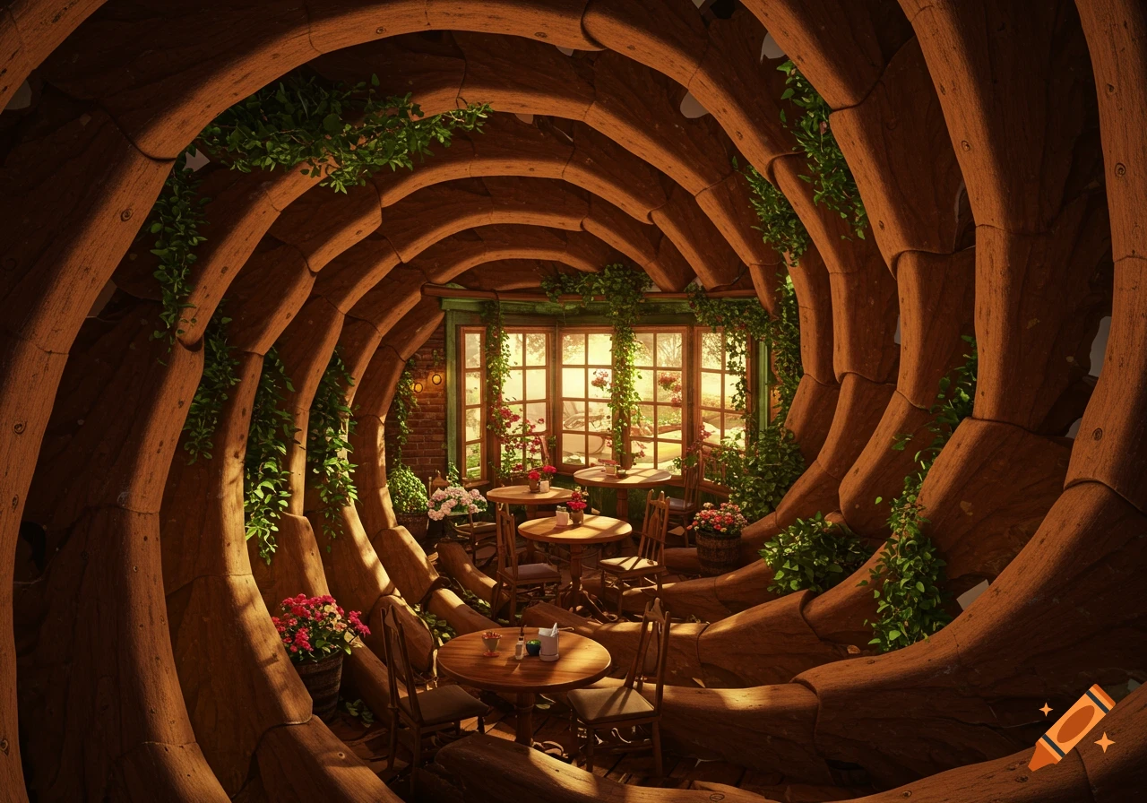 A whimsical cafe interior featuring spiraling wooden walls, lush green vines, and tables with chairs set before large windows.